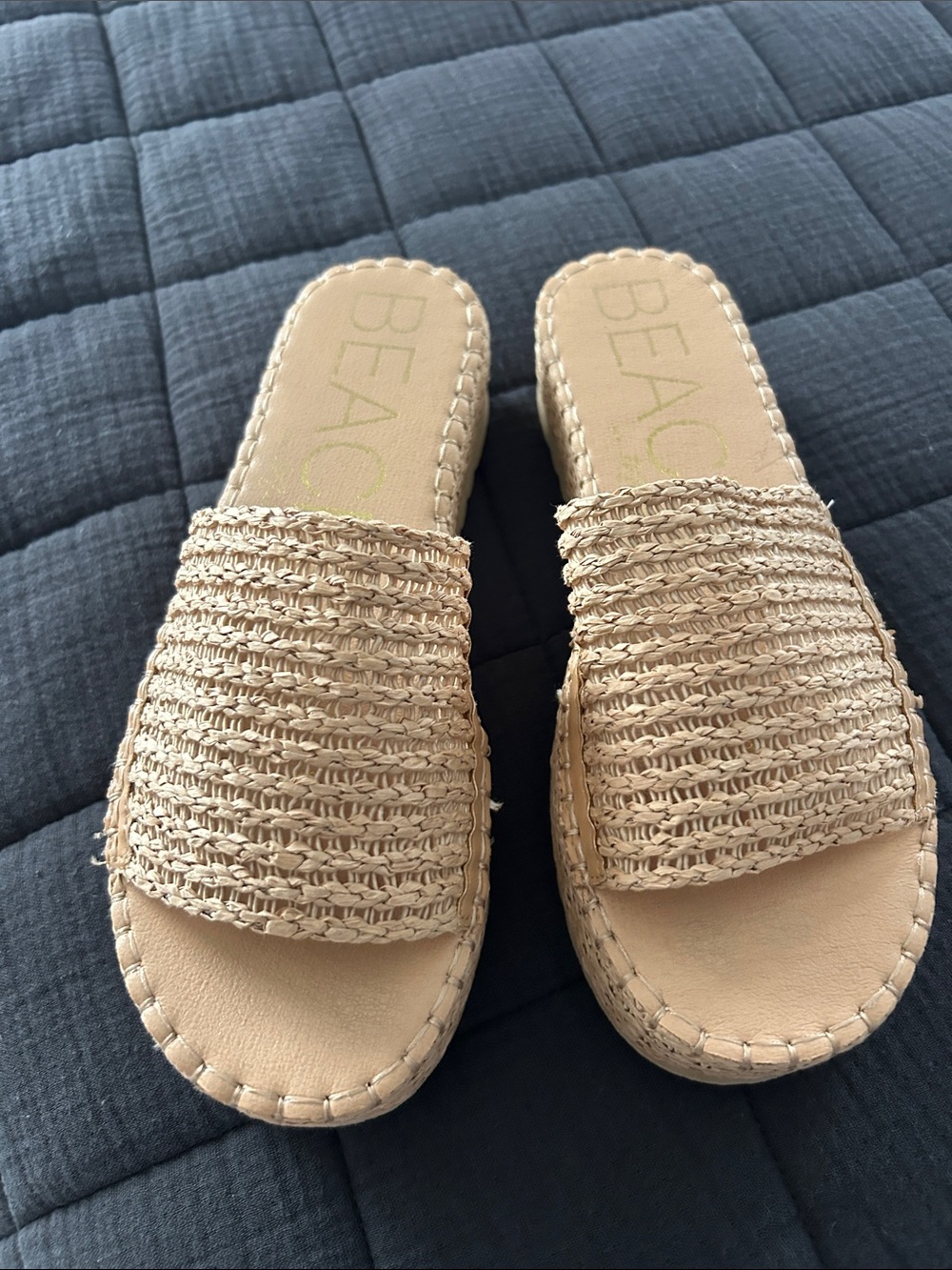 Beach-Style Beige Woven Slide Sandals — Neutral Slip-On Comfort